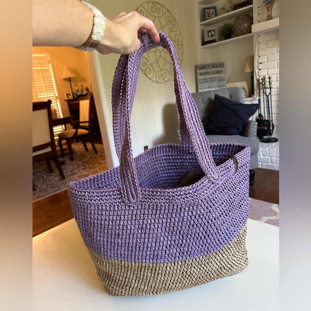 Coffee Tote Handmade Woven Crochet Tote Bag Lilac and Tan NWOT